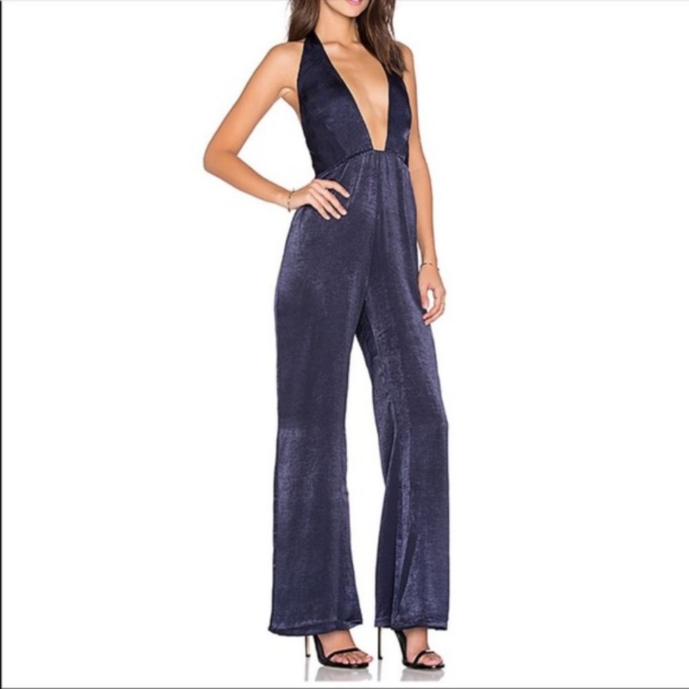Capulet Deep V-Neck Navy Blue Velvet Jumpsuit